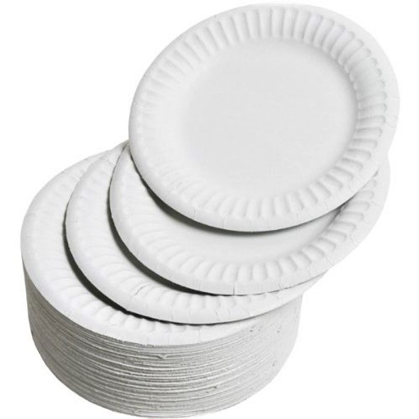 100pk 9 inch white reusable plastic plates – stacked view