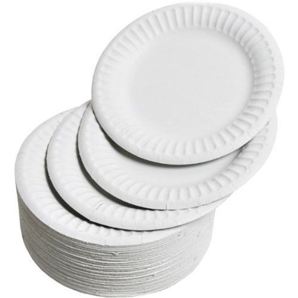 100pk 9 inch white reusable plastic plates – stacked view