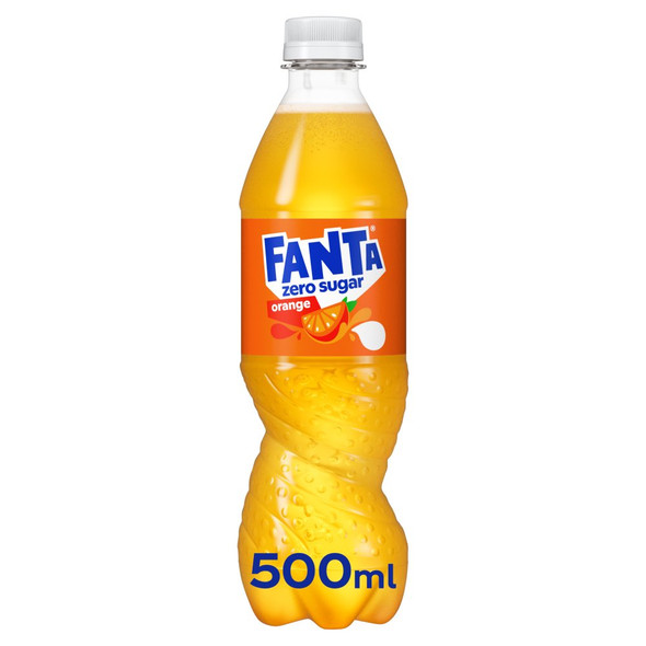 Fanta Orange Zero Sugar 500ml bottle front label