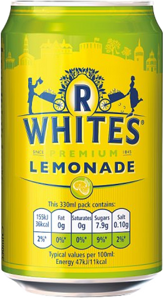 R White's Lemonade 330ml can front label