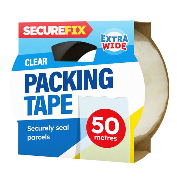 SecureFix Clear Packing Tape 50m front view on roll