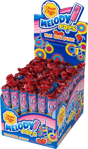 Bulk tray of Chupa Chups Melody Pops Strawberry Lollipops for wholesale cash and carry