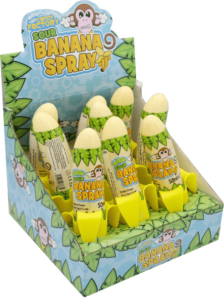 Bulk case of Crazy Candy Factory Sour Banana Spray 50 ml bottles for wholesale cash and carry