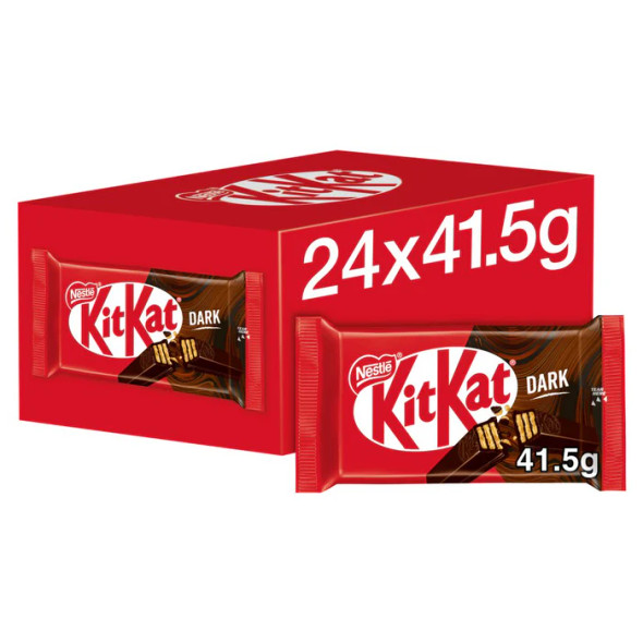 Bulk box of Kit Kat 4 Finger Dark Chocolate Bars 41.5 g for wholesale cash and carry