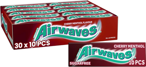 Bulk case of Airwaves Cherry Menthol Sugarfree Chewing Gum 10 Pieces for wholesale cash and carry