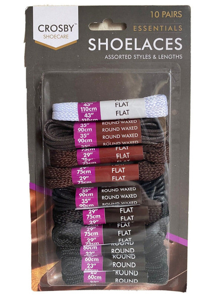Crosby Shoecare Assorted Shoelaces 10 Pairs front pack