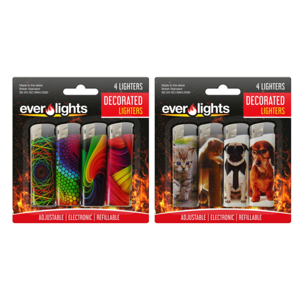 EverLights Electronic Decorated Lighters 4 Pack front view showing printed designs