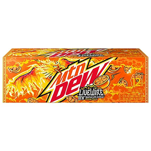 Bulk case of Mountain Dew LiveWire 355 ml cans for wholesale cash and carry