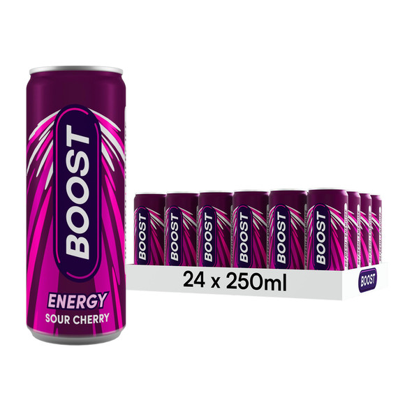 Case of Boost Energy Sour Cherry 250 ml cans for wholesale cash and carry