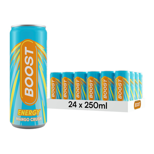Case of Boost Energy Mango Crush 250 ml cans for wholesale cash and carry