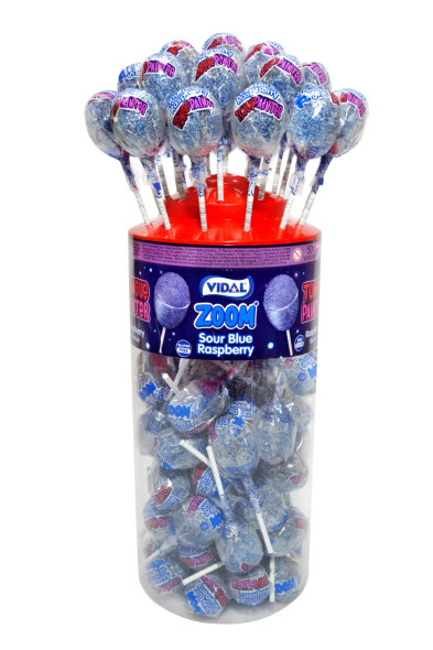 Vidal Super Sour Blue Raspberry Zoom Lollipops 50 Pack front view jar