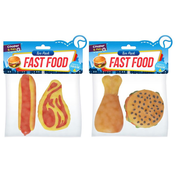 Cooper & Pals Fast Food Pet Toys 2 Pack single front view burger and fries