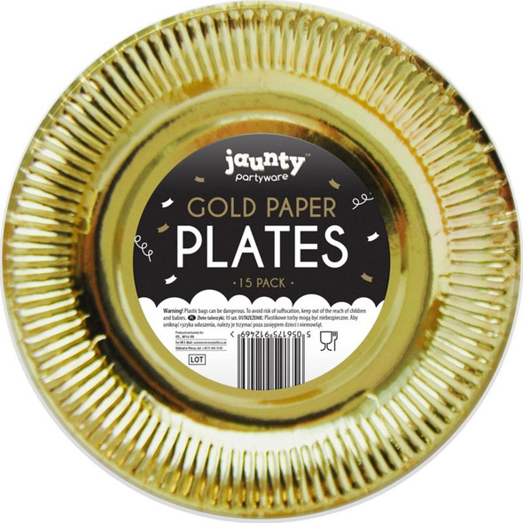 Jaunty Gold Paper Plates 9 inch 15 Pack single front view