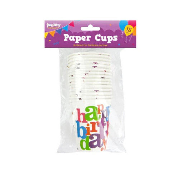 Jaunty Happy Birthday Paper Cups 15 Pack single front view