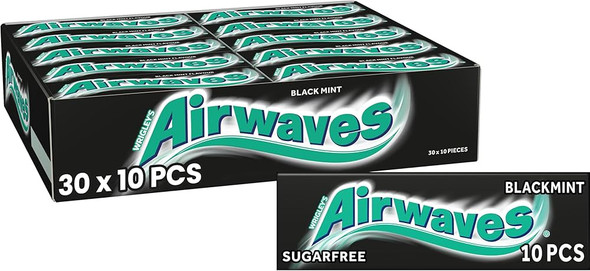 Bulk case of Airwaves Black Mint Sugarfree Chewing Gum 10 Pieces for wholesale cash and carry