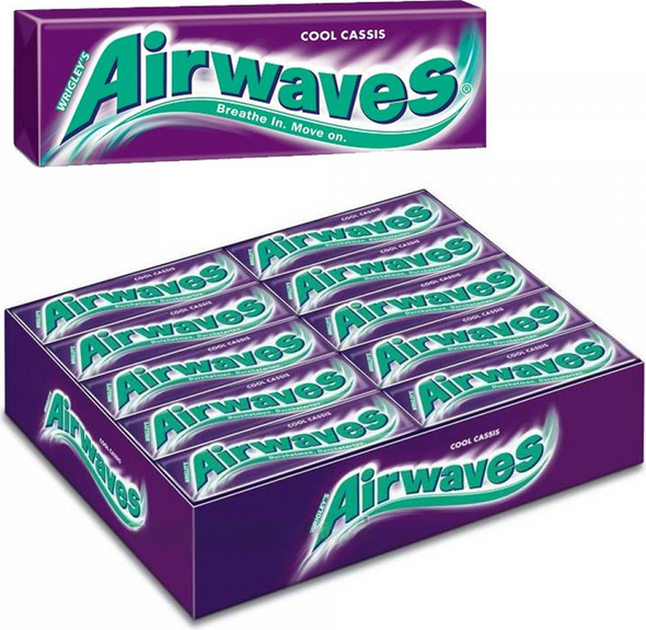 Bulk case of Airwaves Cool Cassis Sugarfree Chewing Gum 10 Pieces for wholesale cash and carry