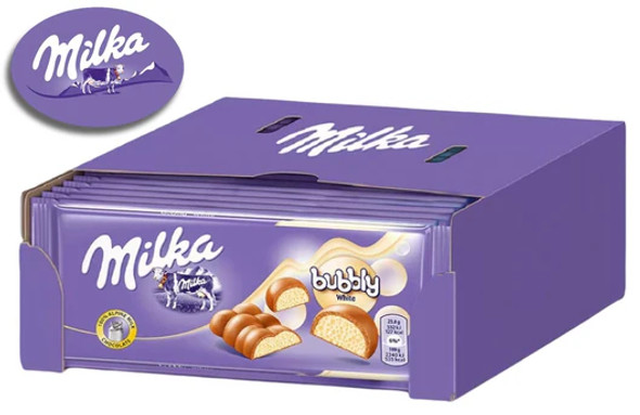Bulk case of Milka Bubbly White Milk Chocolate Bar 95g for wholesale cash and carry