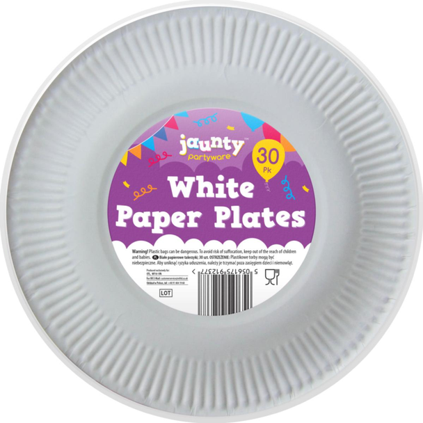 Front view of Jaunty White Paper Plates 9" – 30 Pack in retail packaging – ½ Case