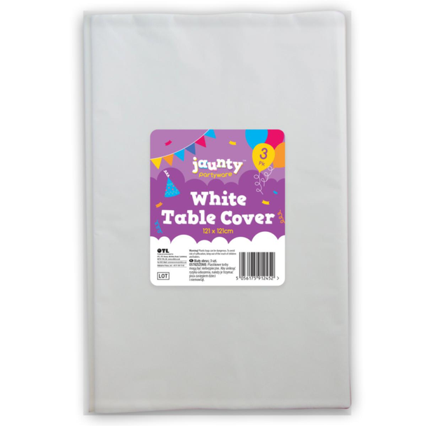 Front view of Jaunty White Table Cover 3 Pack in retail packaging – ½ Case
