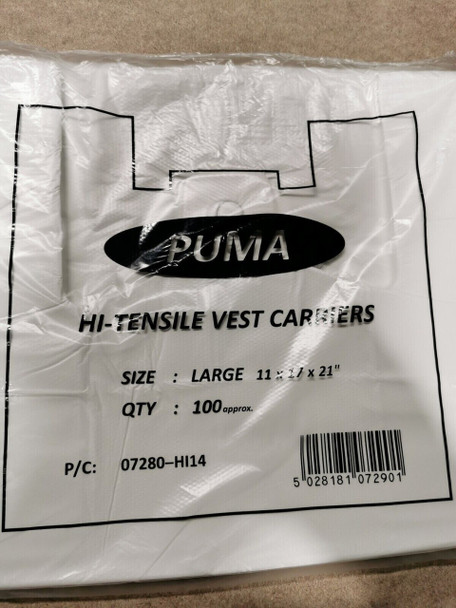 PUMA hi-tensile plastic vest carrier bag – strong reusable grocery and takeaway bag with handles