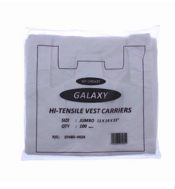 Galaxy hi-tensile white jumbo carrier bags – 13x19x23 inch 22mu plastic bags in 100-pack for takeaway and retail use