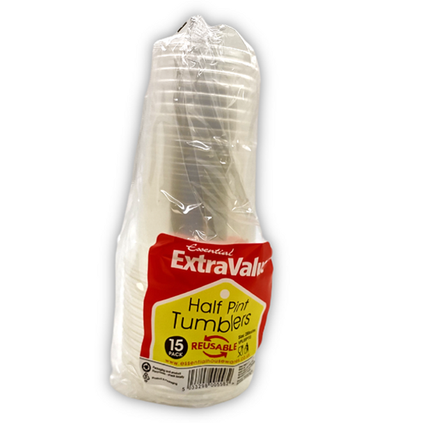Essential Extra Value 15-pack half pint tumblers – bulk case of 284ml disposable cups