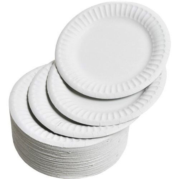 100pk 9 inch white reusable plastic plates – stacked view