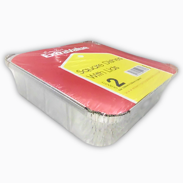 2pk EV large square foil dishes with lids – 23.5×23.5cm aluminium trays