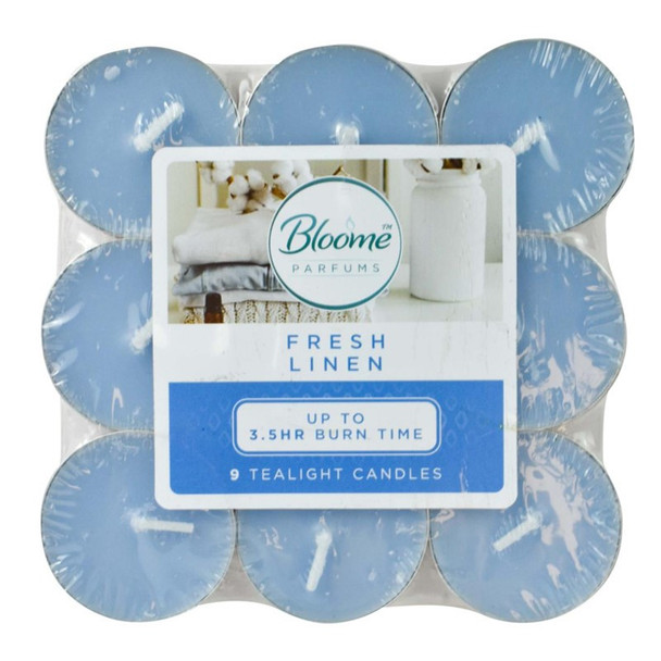 Bloome Fresh Linen Scented Tealights 9 Pack front view