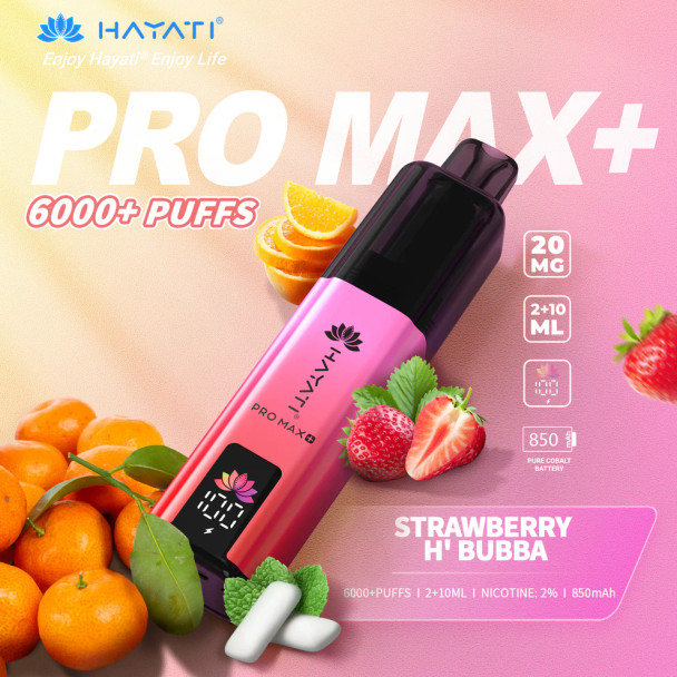Hayati PRO MAX+ 6000+ Strawberry H’ Bubba vape pod front view