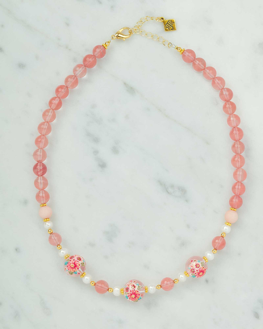 Pink Floral Japanese Tensha Bead and Cherry Quartz Necklace | Shop