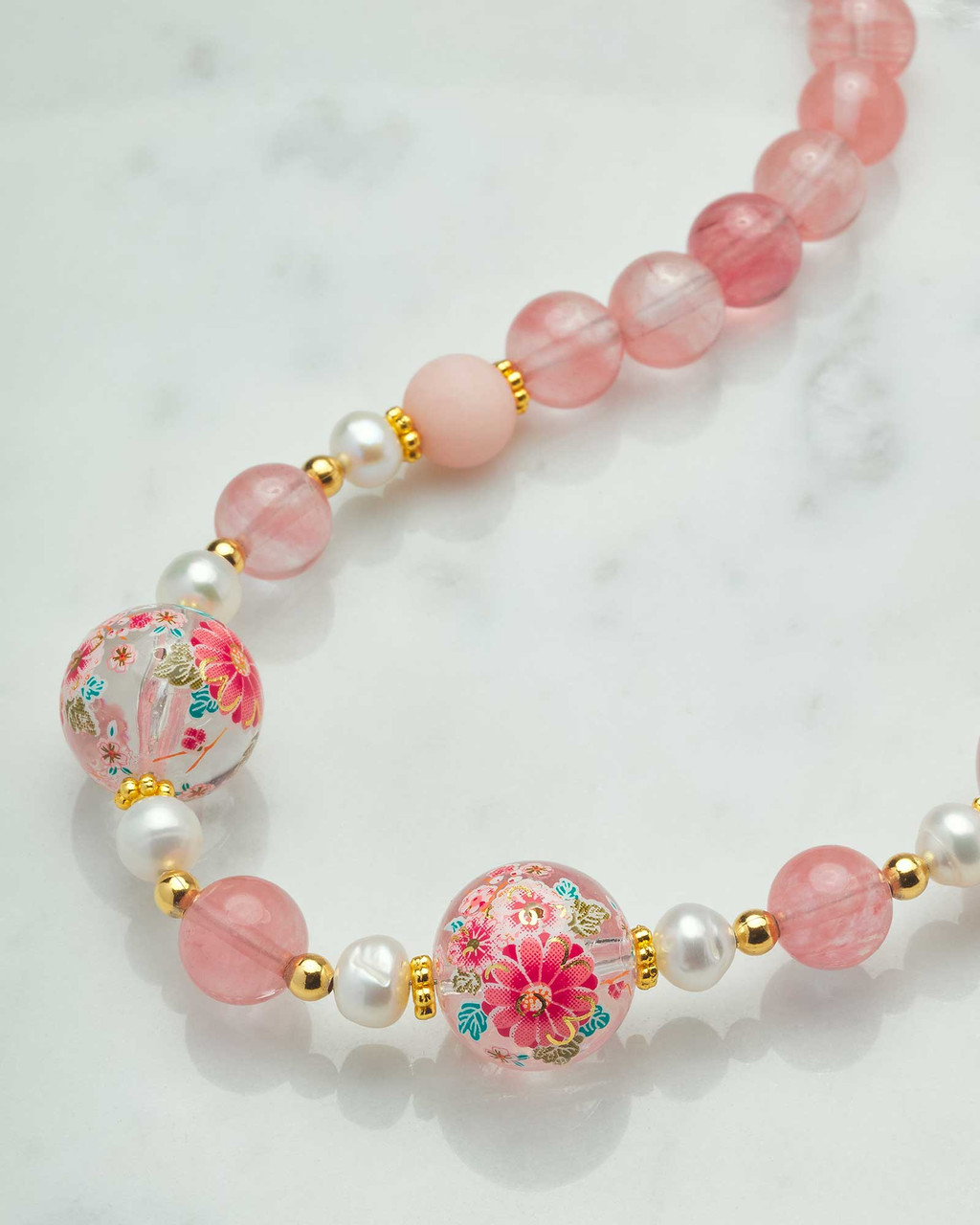 Pink Floral Japanese Tensha Bead and Cherry Quartz Necklace | Shop