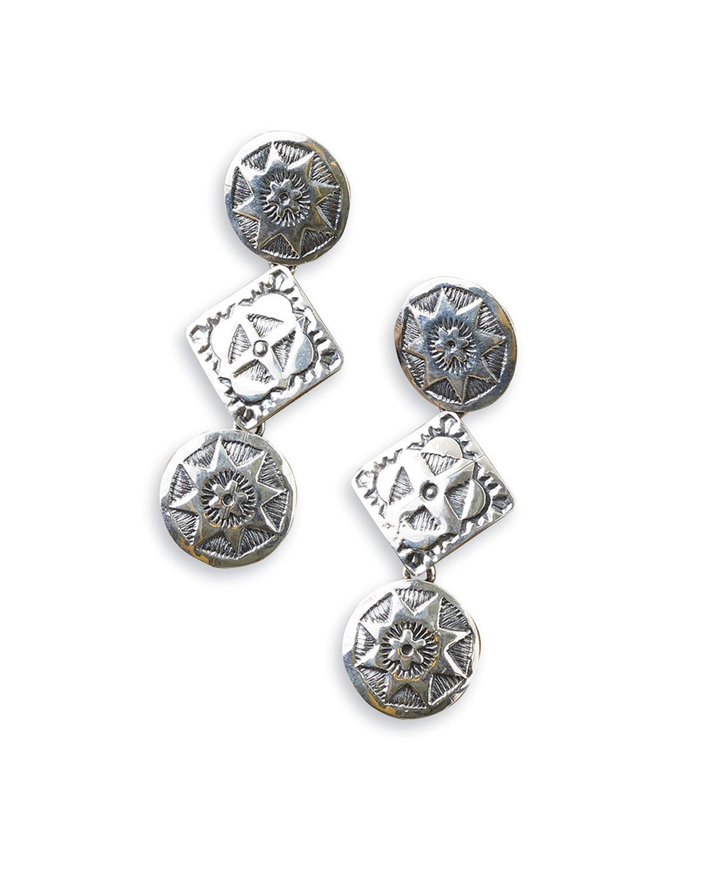 Navajo Stamped Sterling Silver Circle and Square Earrings