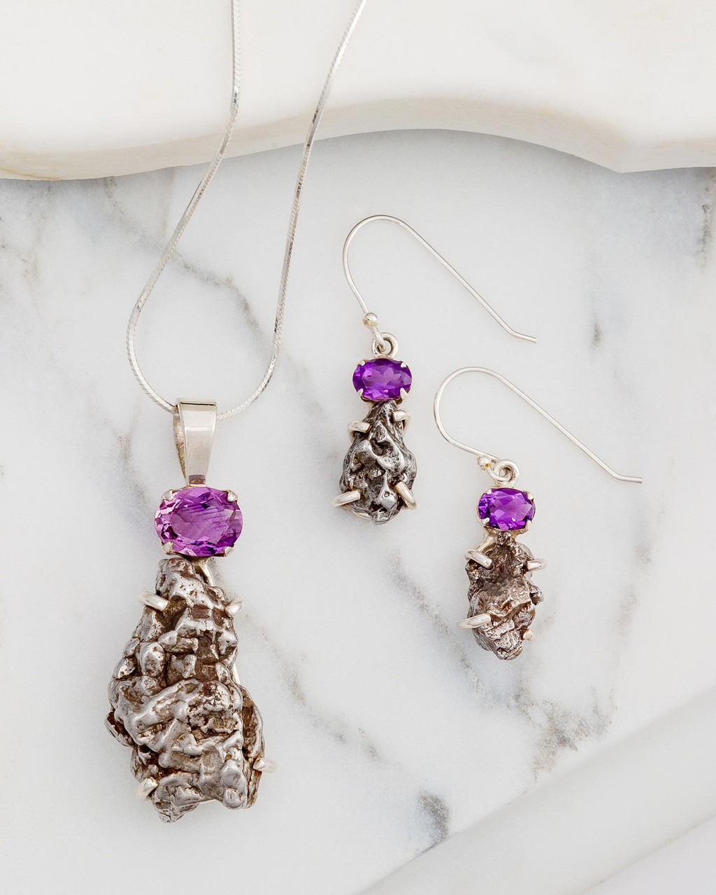 Amethyst with Meteorite Pendant Jewelry Set