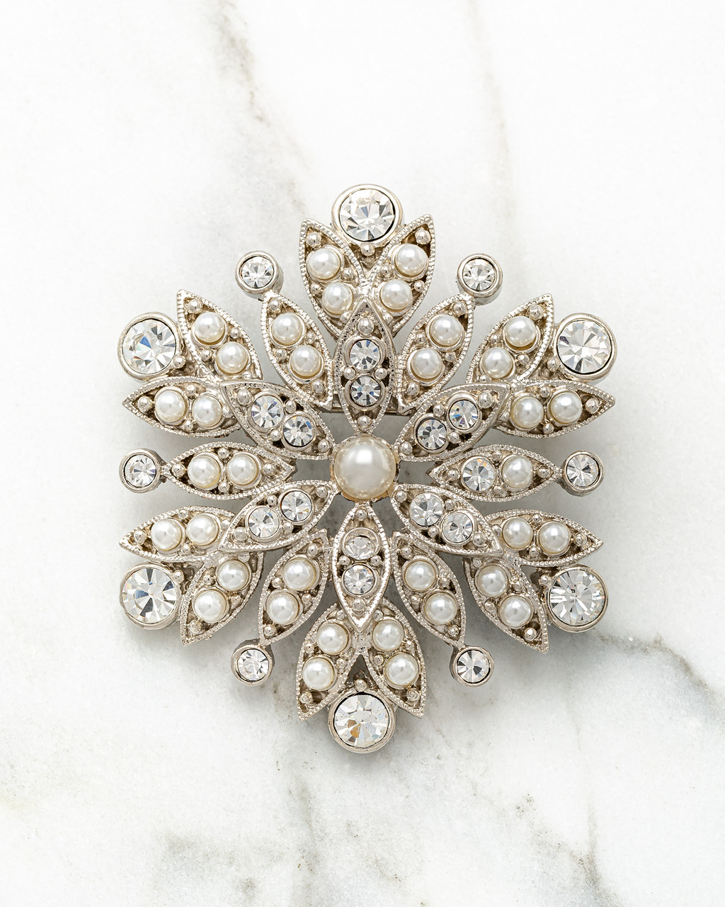Floral Pearl and Crystal Cluster Pin