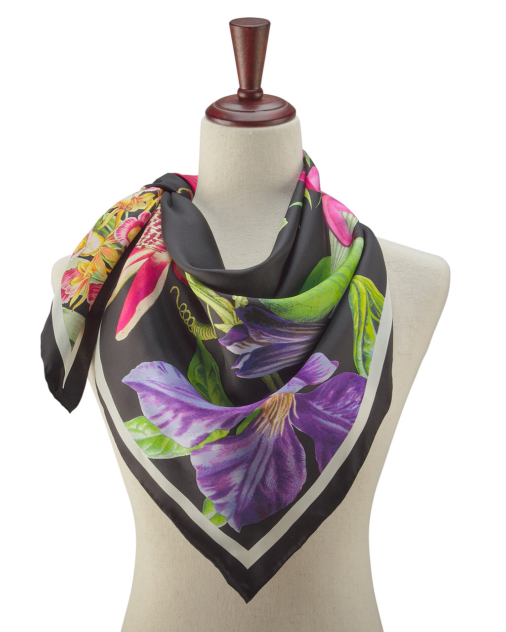 Black Botanical Silk Scarf