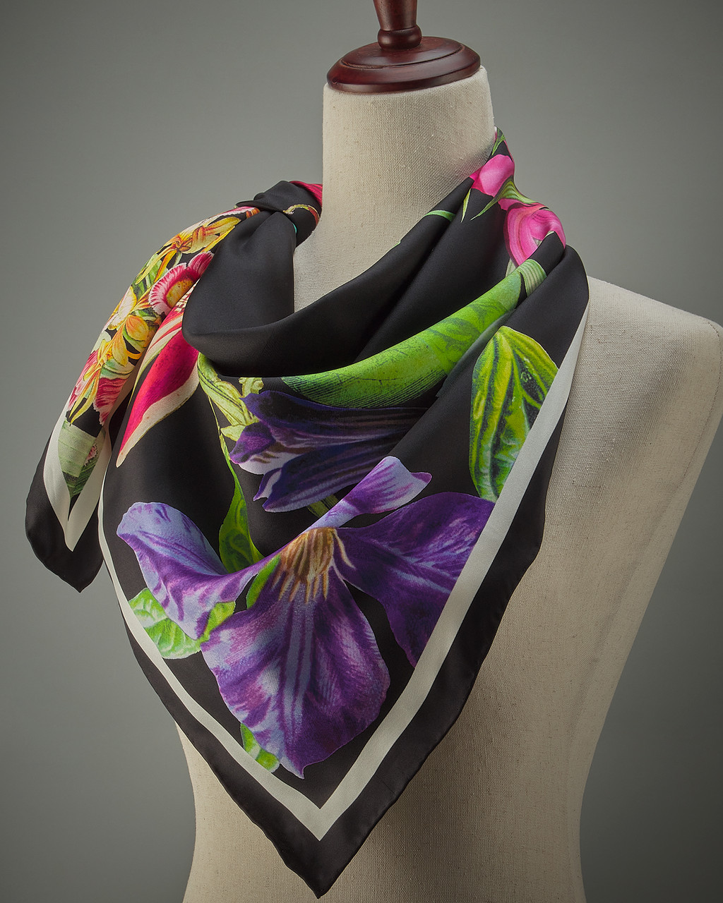 Black Botanical Silk Scarf