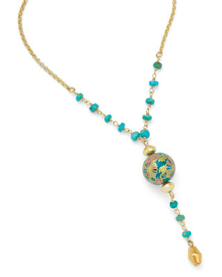 Teal Floral Japanese Tensha Bead and Turquoise Necklace