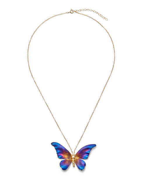 Blue butterfly necklace in full view, reflecting light with delicate chain and shimmering pendant. View Product Image