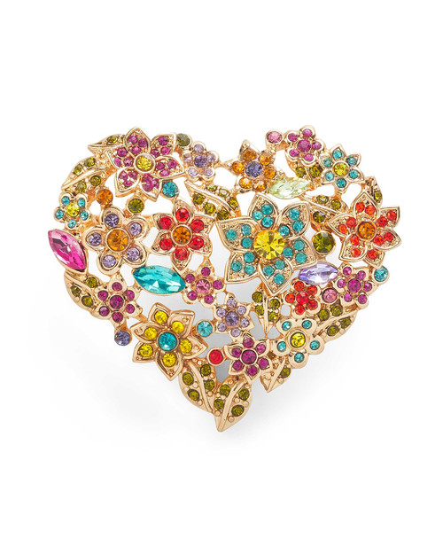 Floral pin shaped like a heart, accented with dazzling multicolor crystals in a gold-tone setting.
