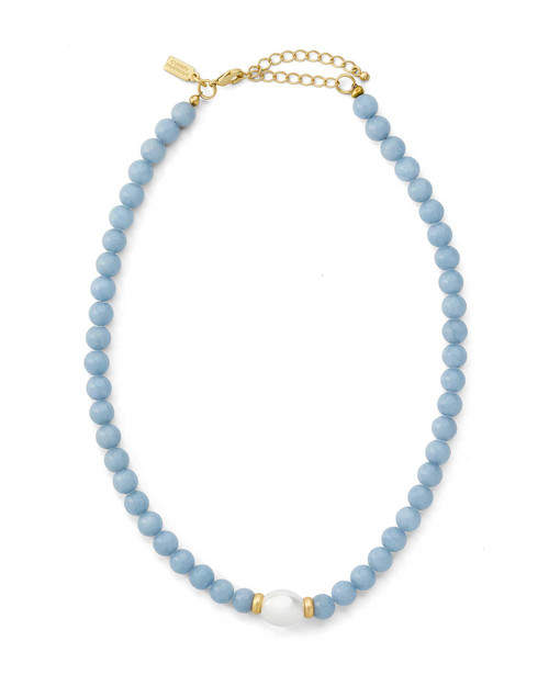 Elegant angelite crystal necklace with matte gold accents and soft blue stones. View Product Image