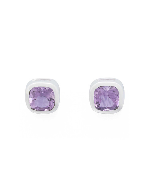 Amethyst square earrings featuring cobalt-hued faceted stones in open-back silver settings.