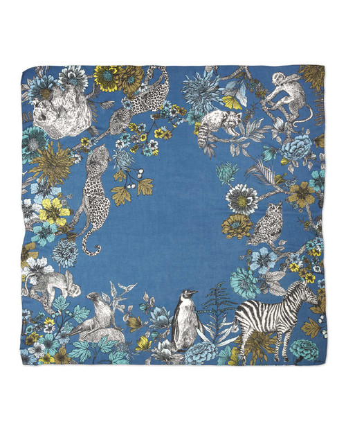 Navy floral scarf spread open to reveal its complete color palette and botanical artwork.