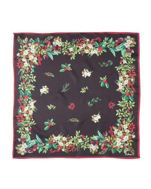 Holly Garland Silk Square Scarf displayed with festive botanical border inspired by vintage prints.