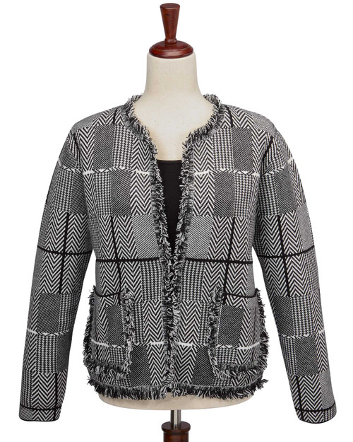 Collarless Jacket with Frayed Trims