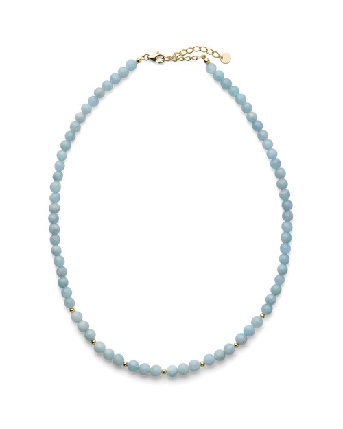 6mm aquamarine beaded necklace with pale blue round stones, gold-tone accent beads, and extender chain clasp.