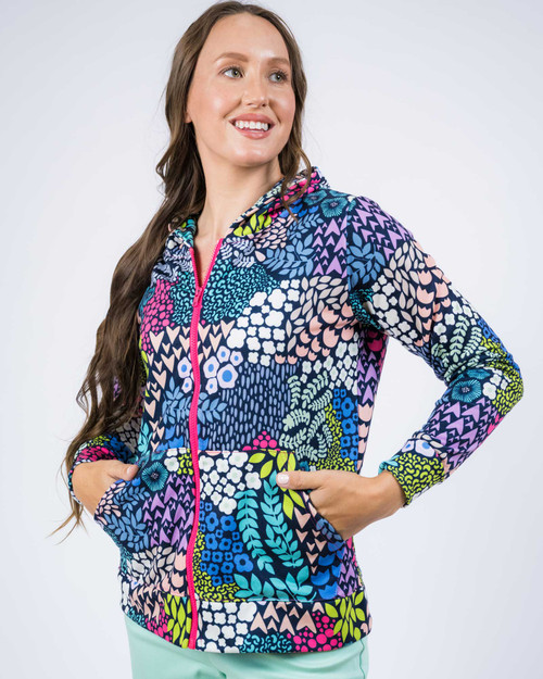 Navy Floral Printed Hoodie Jacket