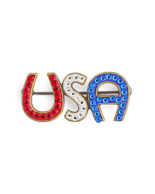 A sparkly America 250 pin spelling out USA in antiqued brass, filled with red, white, and blue crystals.