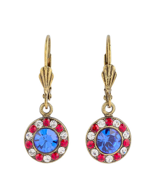 Pair of patriotic halo drop earrings featuring a large blue Austrian crystal center surrounded by alternating red and clear stones.