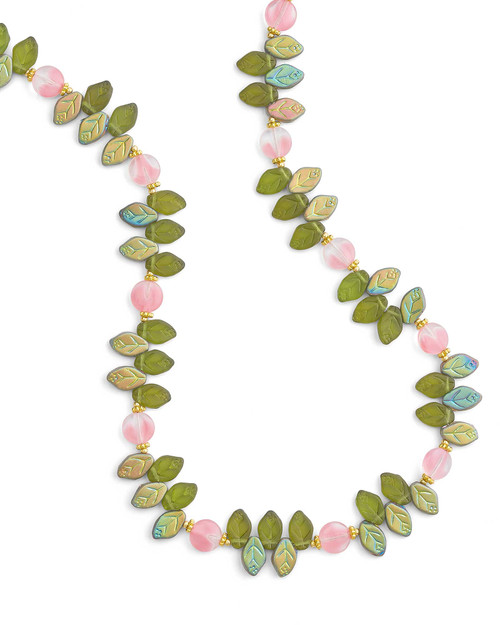 Bohemian Leaf and Pink Art Glass Necklace